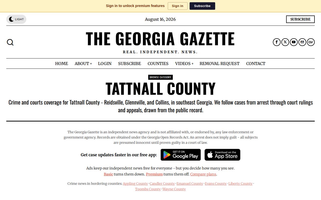 Tattnall County Collins booking-record and crime-news collection page showing named city coverage