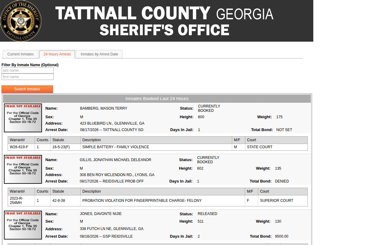 Tattnall County bookings in the last 24 hours interface