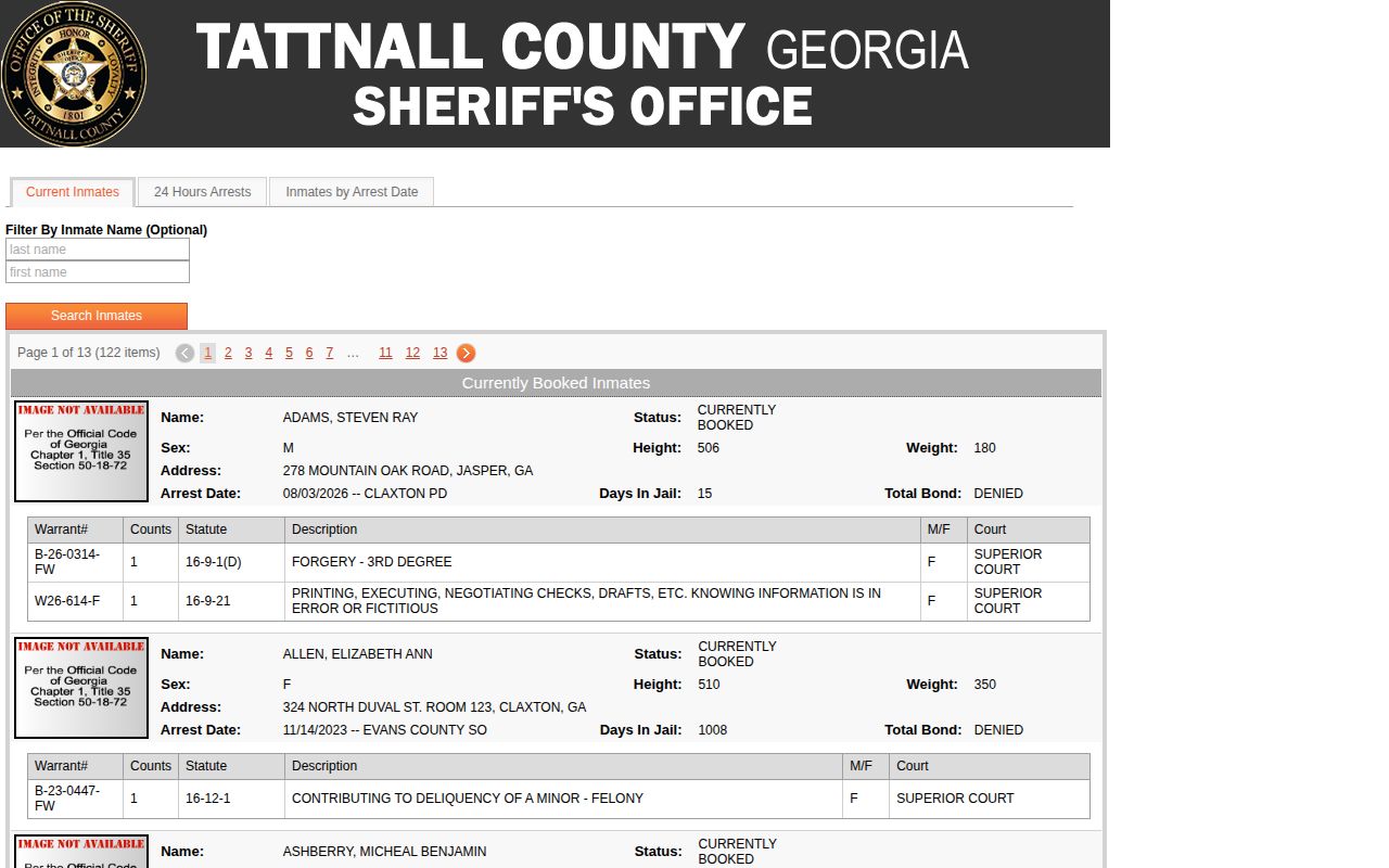 Tattnall County current inmate roster search for booking records