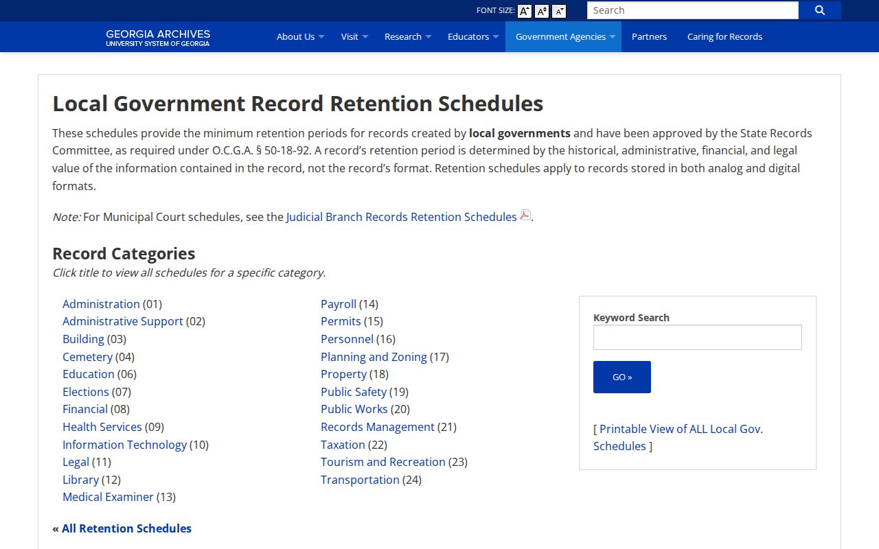 Georgia Archives local government retention schedules for older Tattnall County records