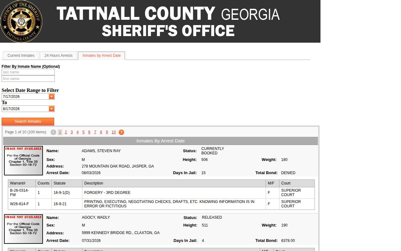Tattnall County inmates by arrest date search with current and released records