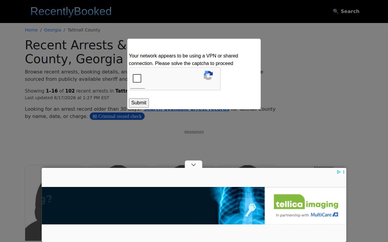 Unofficial Recently Booked Tattnall County arrest page used as a secondary lead